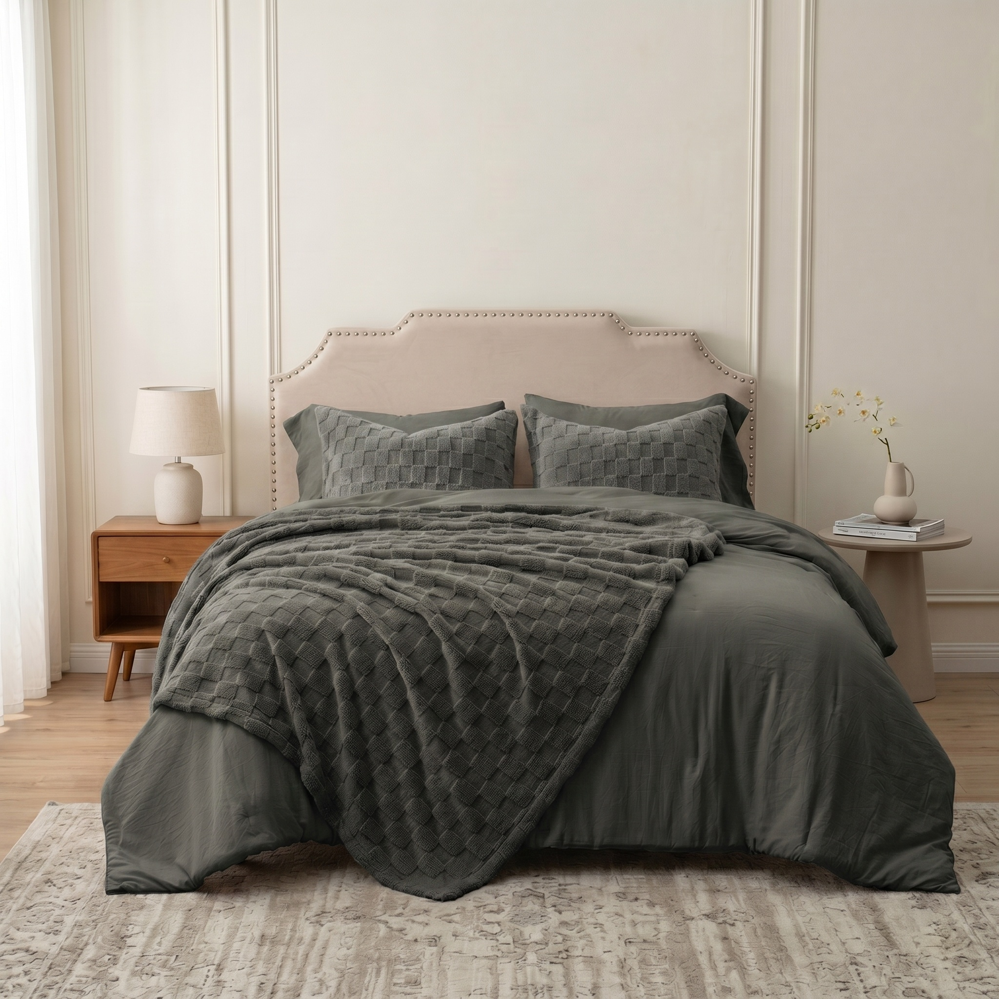 HIG 2-in-1 Comforter Set with Detachable Fluffy Blanket & Duvet Insert - Prewashed 6PC Dark Gray Bedding Set for All Season, Includes 2 Pillow Shams & 2 Pillowcases,