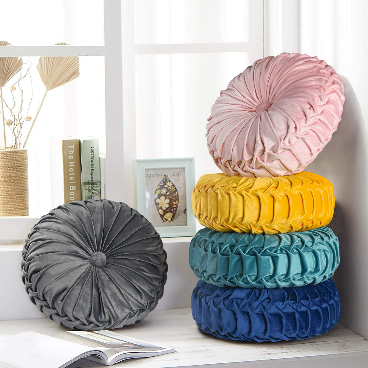 HIG Set of 2 Pumpkin Pleated Round Throw Pillows, Soft Velvet, 14.5" Diameter