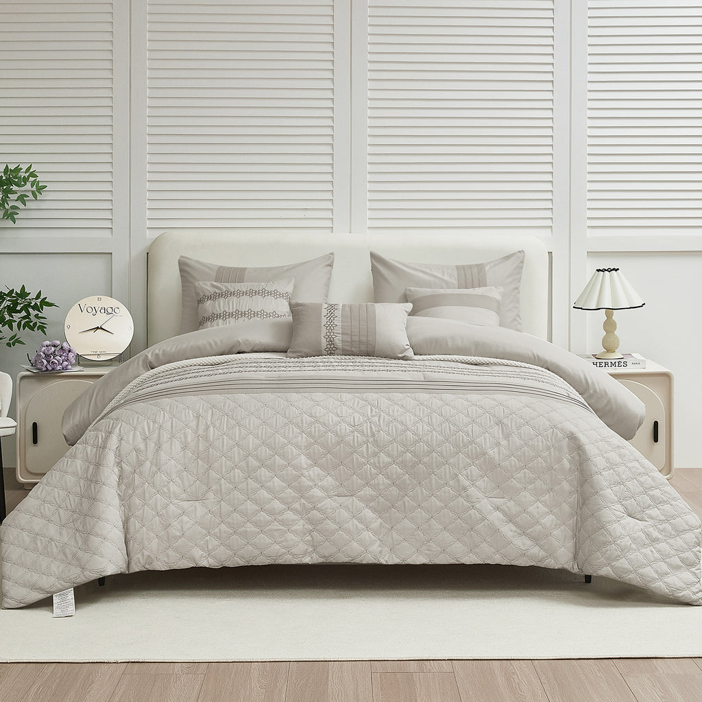 HIG 7 Piece Embroidery Gray Bed in a Bag, Modern and Stylish Comforter Set, Queen for Adults