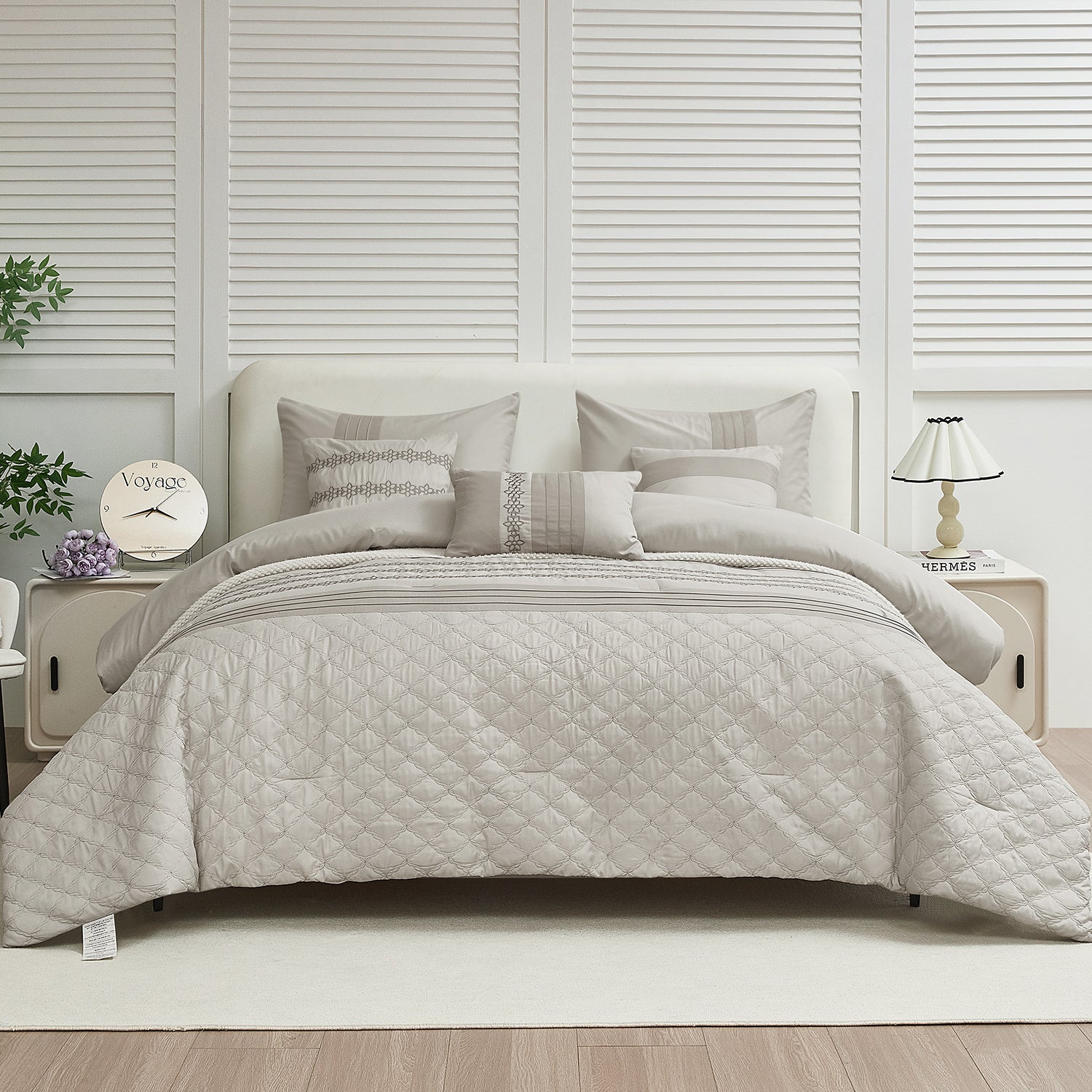 HIG 7 Piece Embroidery Gray Bed in a Bag, Modern and Stylish Comforter Set, Queen for Adults