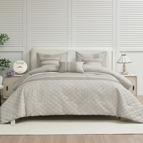 HIG 7 Piece Embroidery Gray Bed in a Bag, Modern and Stylish Comforter Set, Queen for Adults