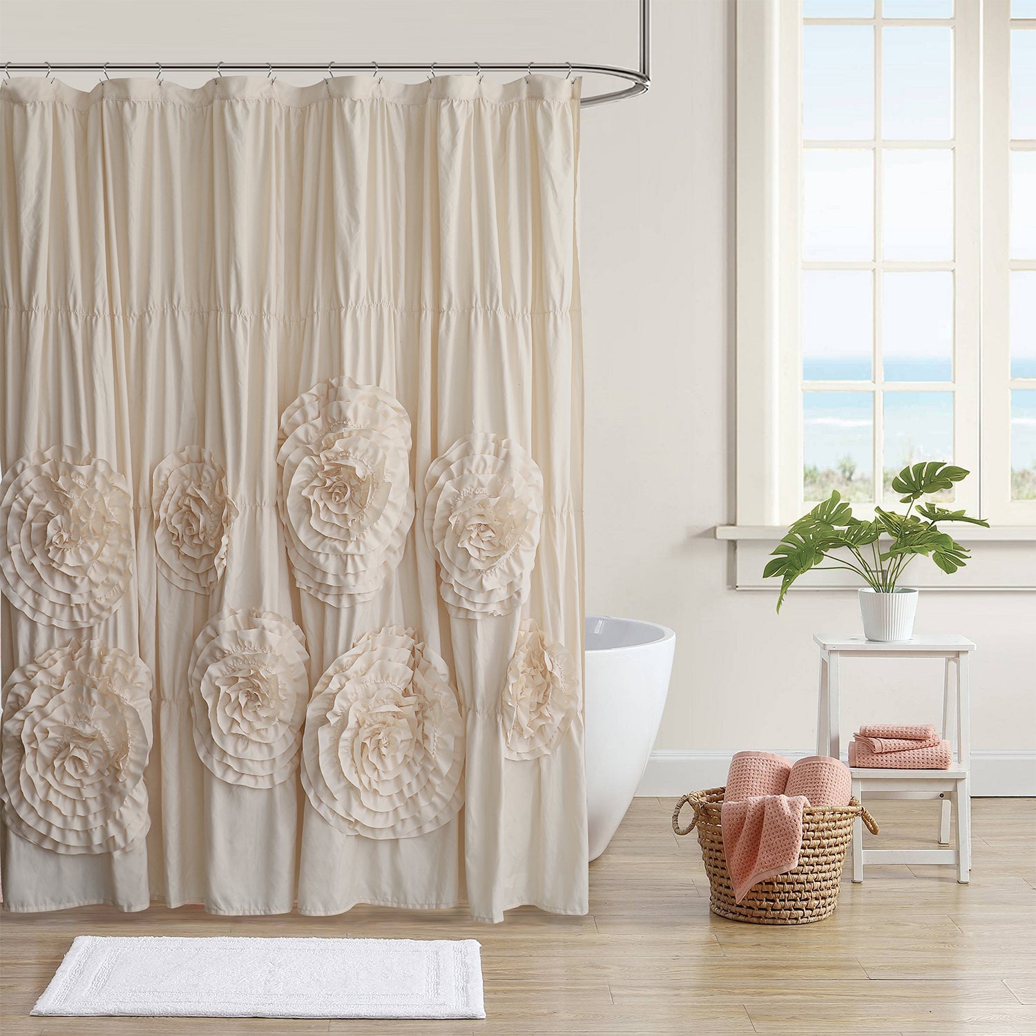 HIG Boho Ruffled Shower Curtain - Oversized Floral Print, Heavy Fabric with Elegant Draping for Bathroom, 72"x72",