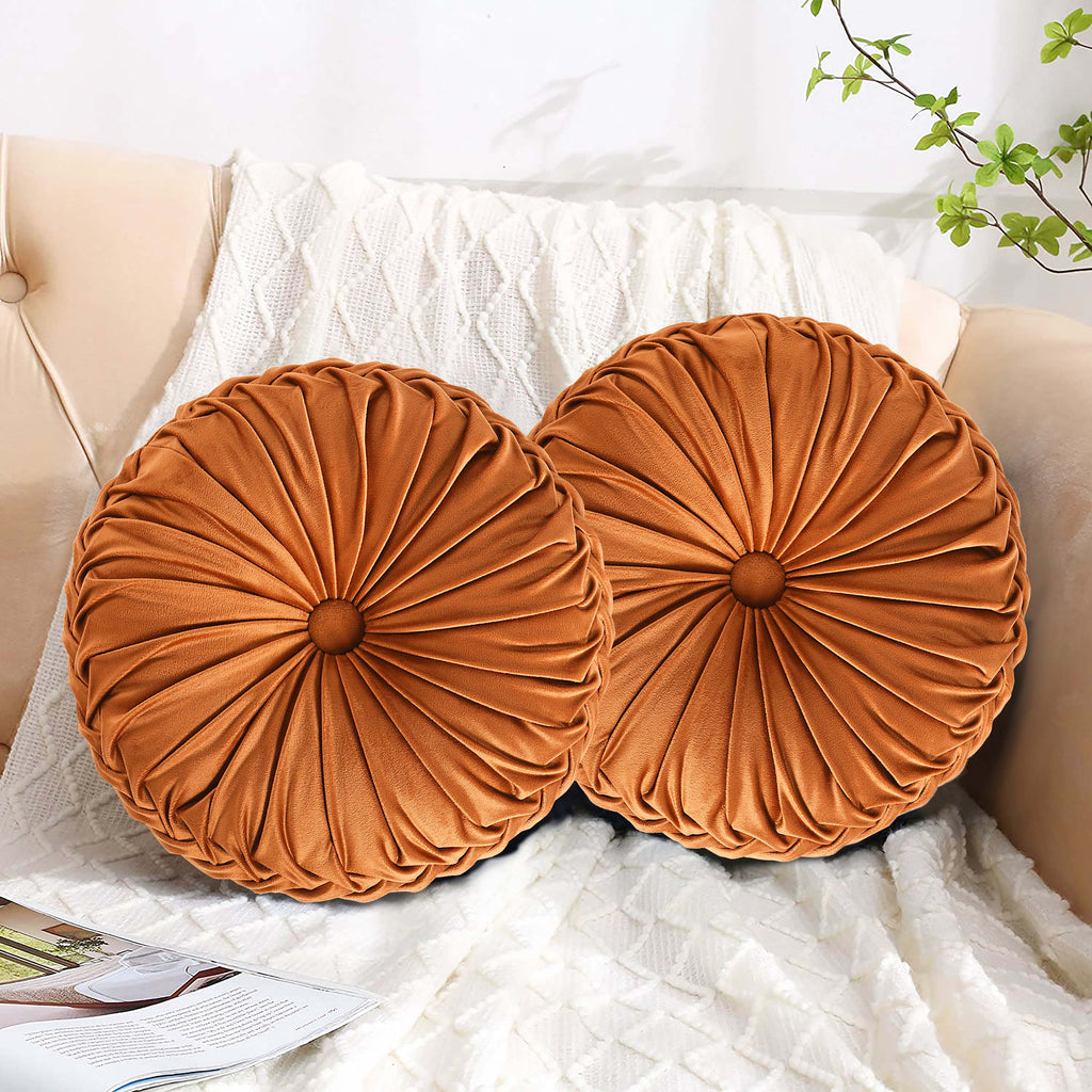 HIG Set of 2 Pumpkin Pleated Round Throw Pillows, Soft Velvet, 14.5" Diameter