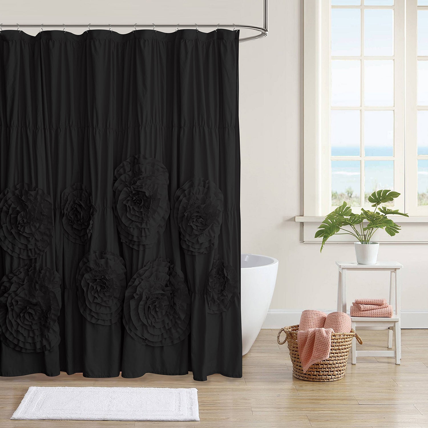 HIG Boho Ruffled Shower Curtain - Oversized Floral Print, Heavy Fabric with Elegant Draping for Bathroom, 72"x72",