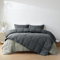 HIG 4Pieces Reversible Connectable Comforter Bedding Set, Dark Gray & Light Gray, Includes 2 Comforters & 2 Pillow Shams, Button Connectors to Combine Blankets,
