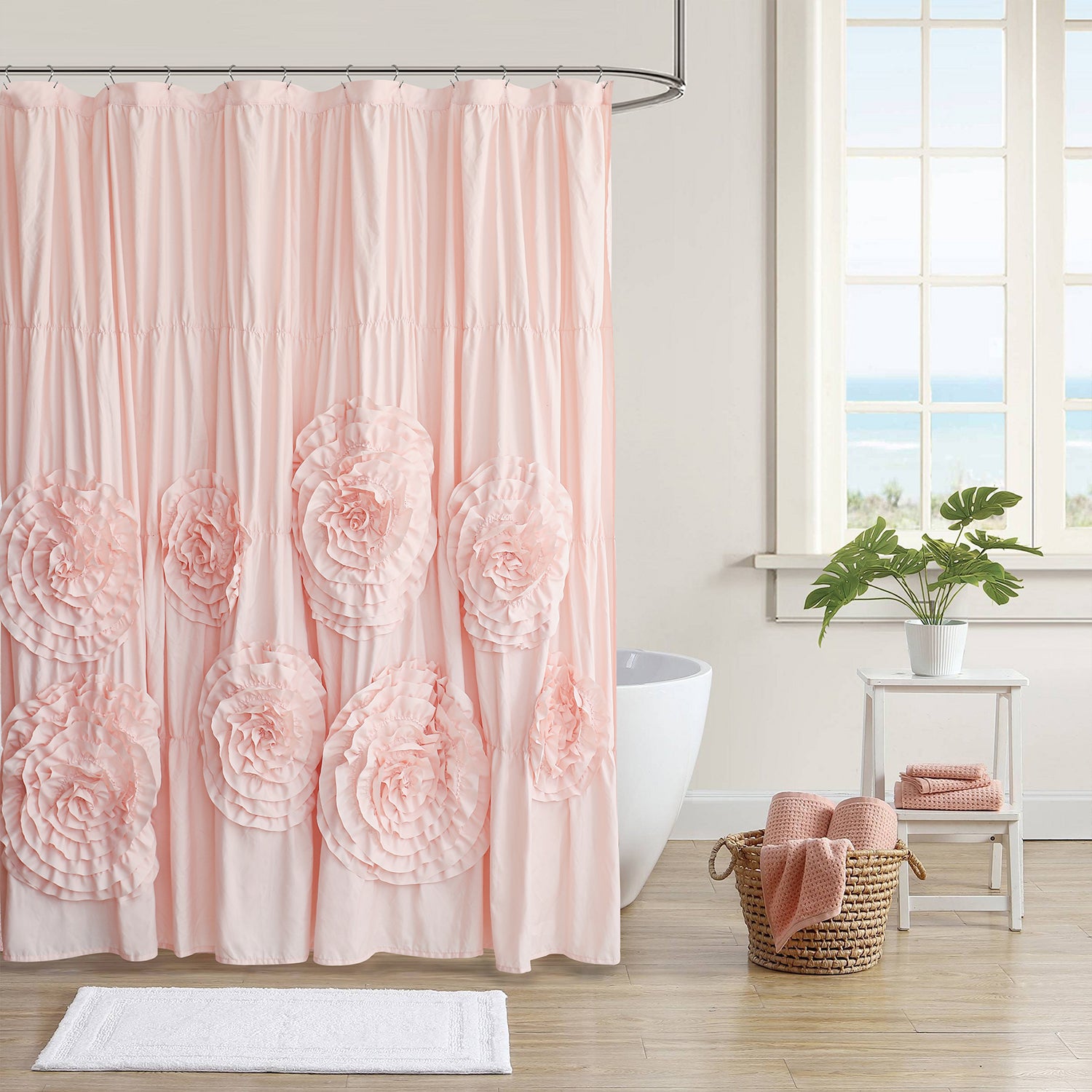 HIG Boho Ruffled Shower Curtain - Oversized Floral Print, Heavy Fabric with Elegant Draping for Bathroom, 72"x72",