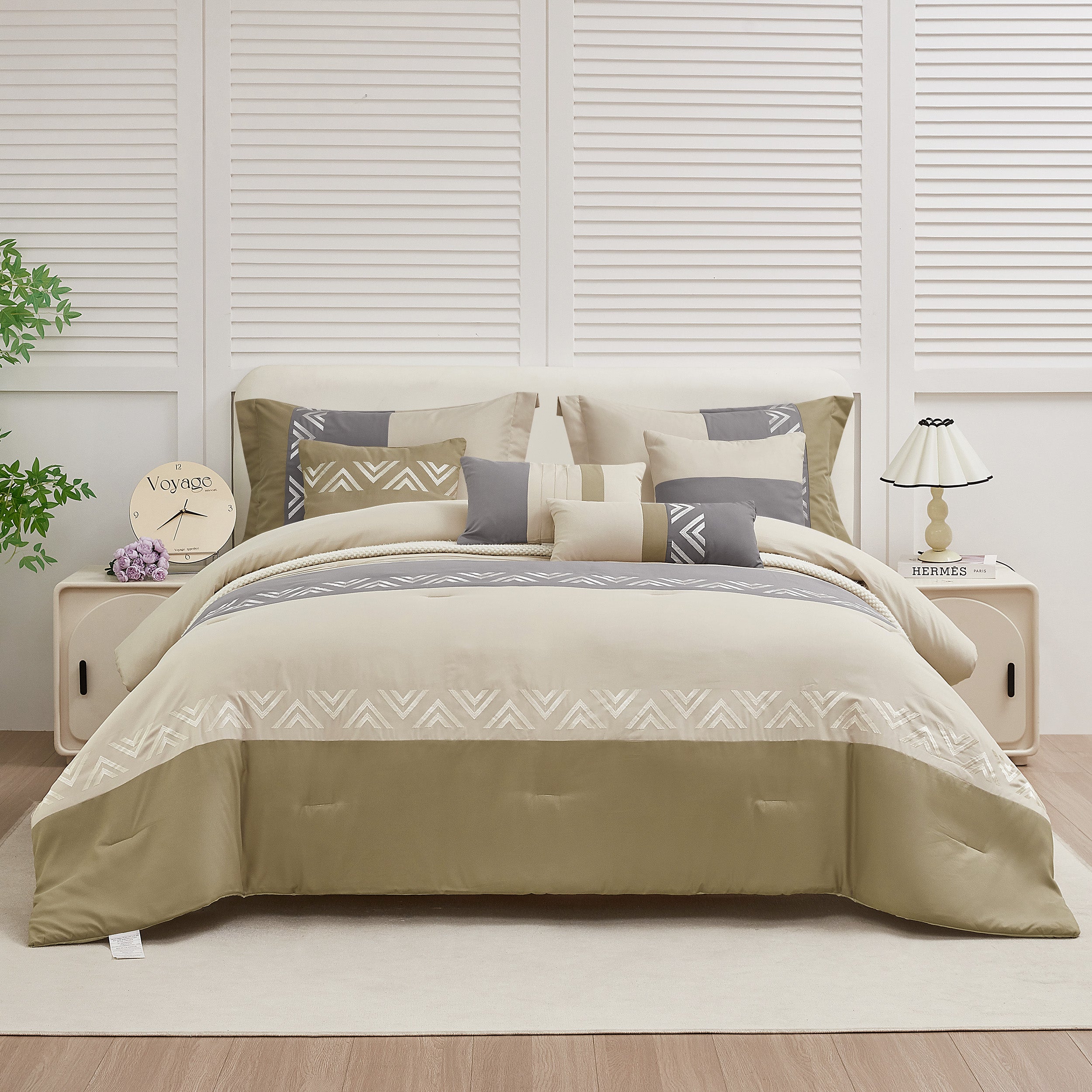 HIG 7 Piece Embroidery Design Bed-in-a-Bag, Taupe Queen Size Ultra Soft Comforter Set for Adults