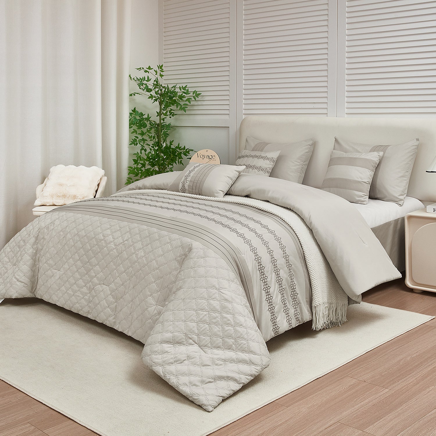 HIG 7 Piece Embroidery Gray Bed in a Bag, Modern and Stylish Comforter Set, Queen for Adults