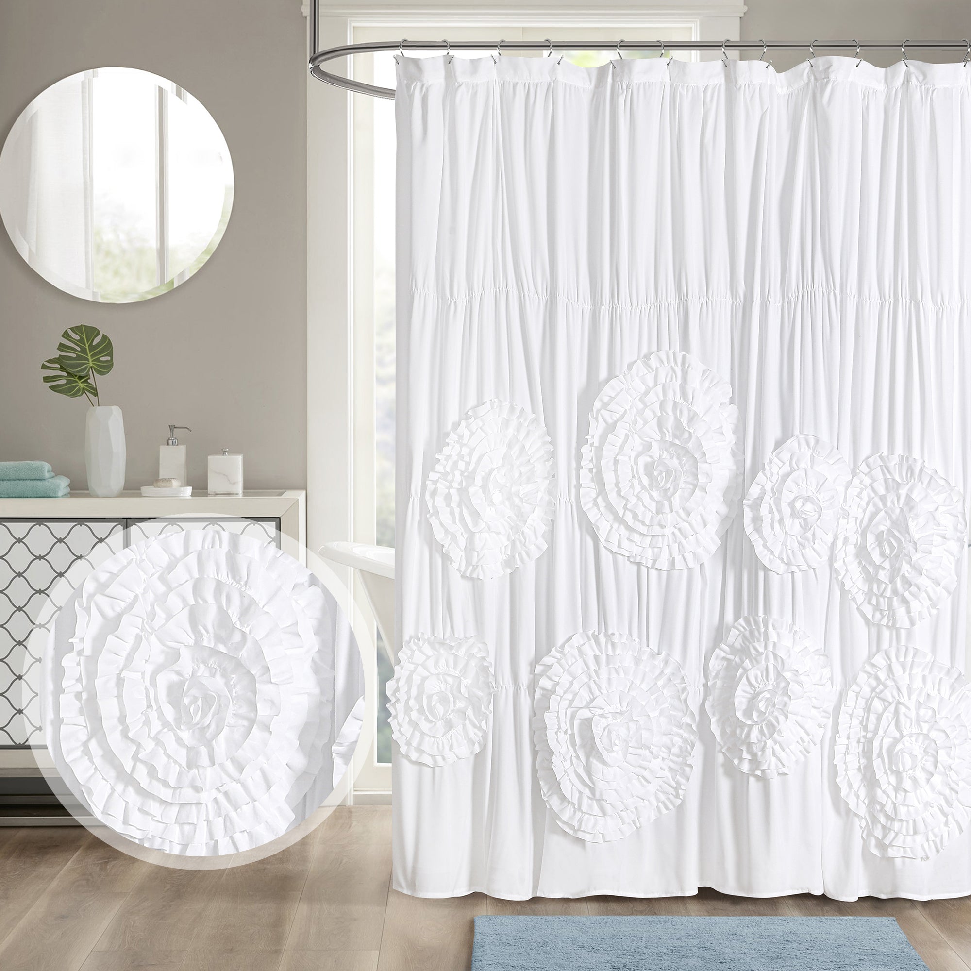 HIG Boho Ruffled Shower Curtain - Oversized Floral Print, Heavy Fabric with Elegant Draping for Bathroom, 72"x72",