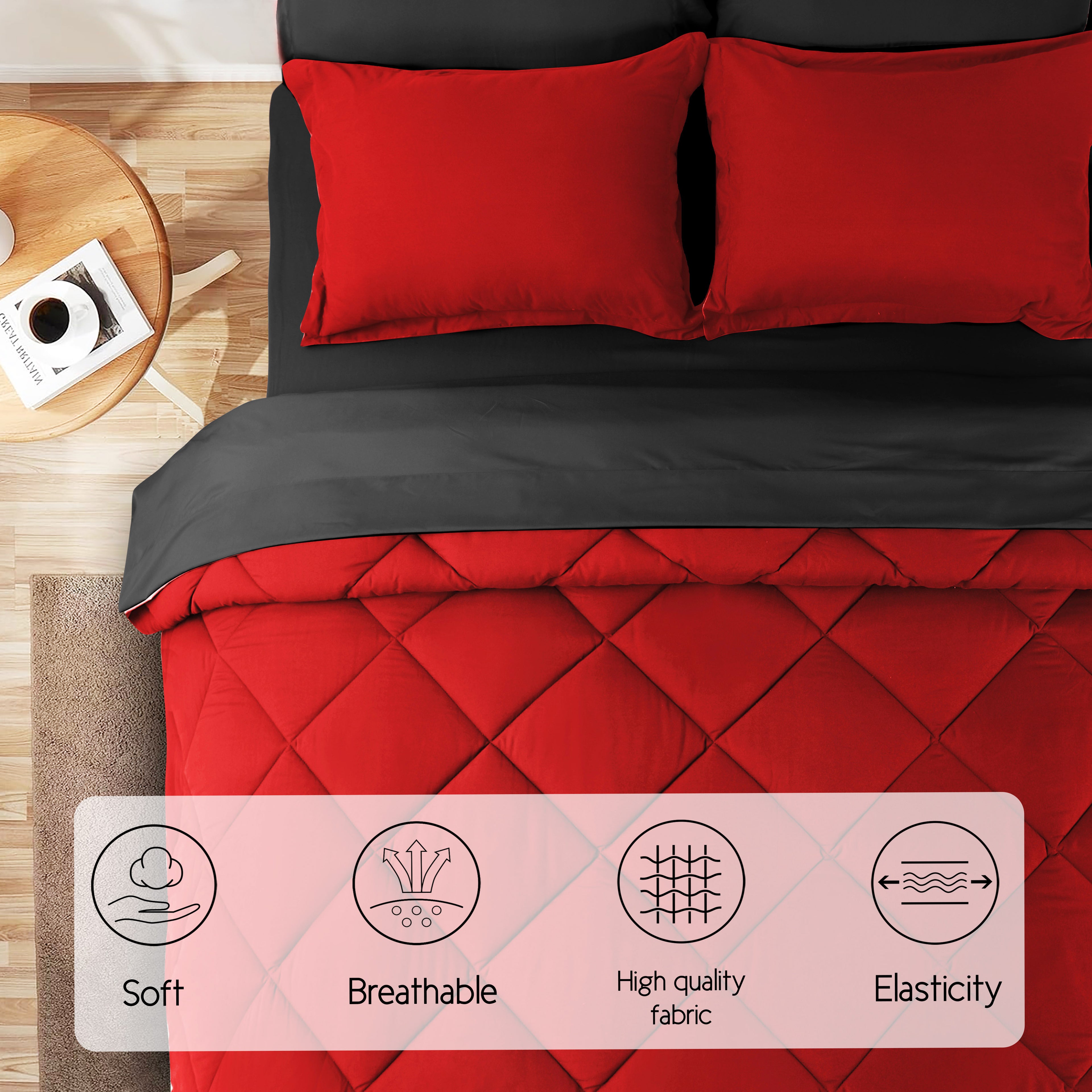 HIG 7 Piece Reversible Queen Comforter Set - Red Quilted Down Alternative Bedding All Season Super Soft Microfiber Bed in a Bag Includes Sheets Pillowcases Shams