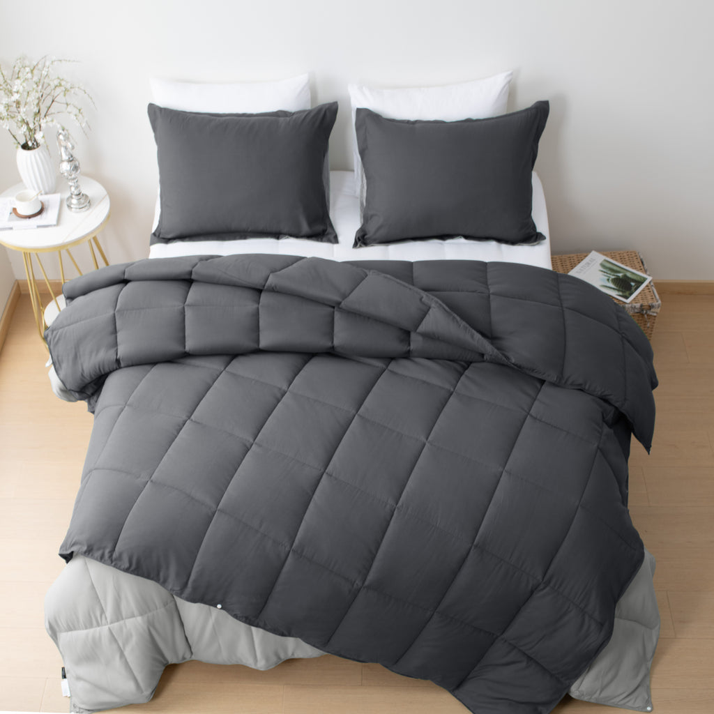 HIG 4Pieces Reversible Connectable Comforter Bedding Set, Dark Gray & Light Gray, Includes 2 Comforters & 2 Pillow Shams, Button Connectors to Combine Blankets,
