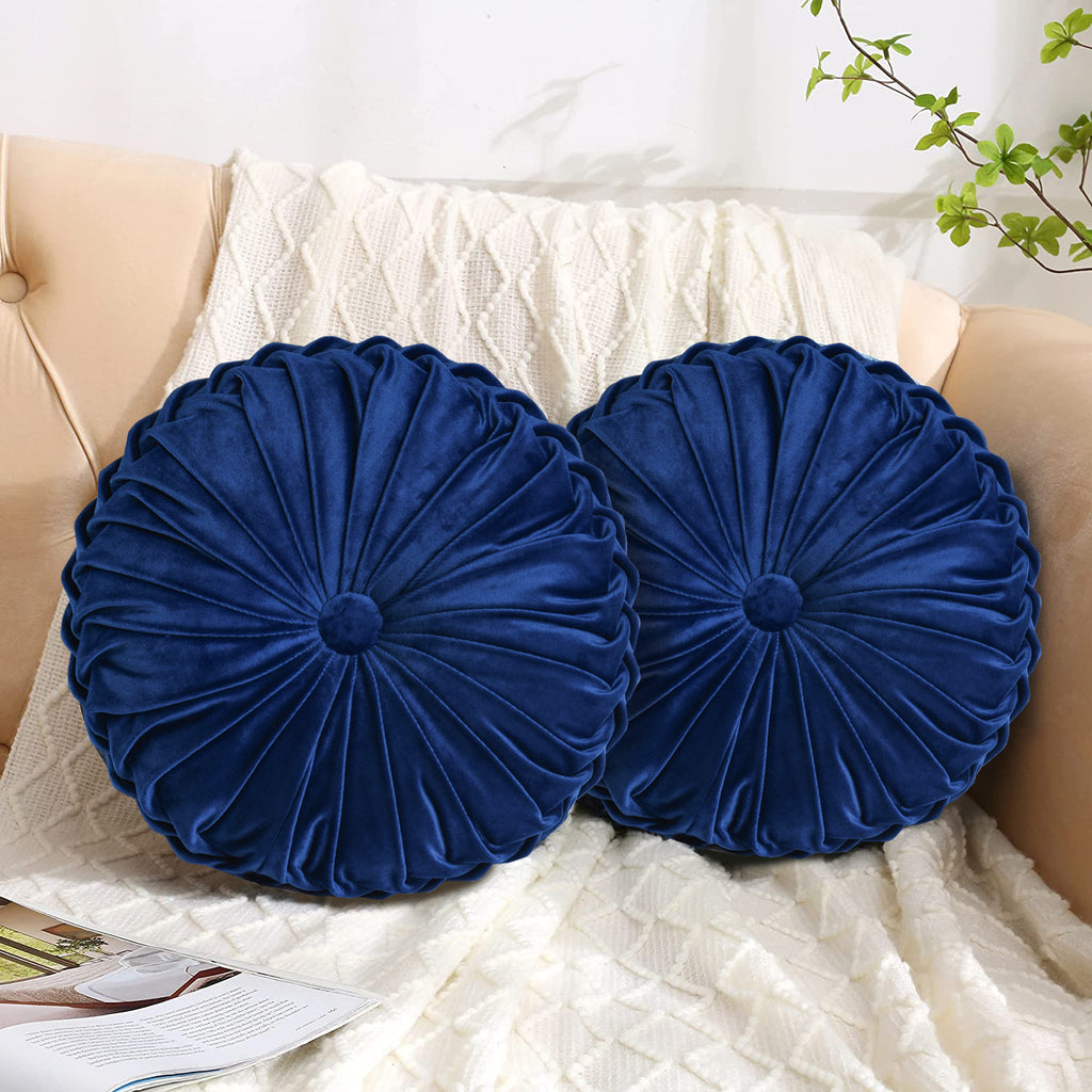 HIG Set of 2 Pumpkin Pleated Round Throw Pillows, Soft Velvet, 14.5" Diameter