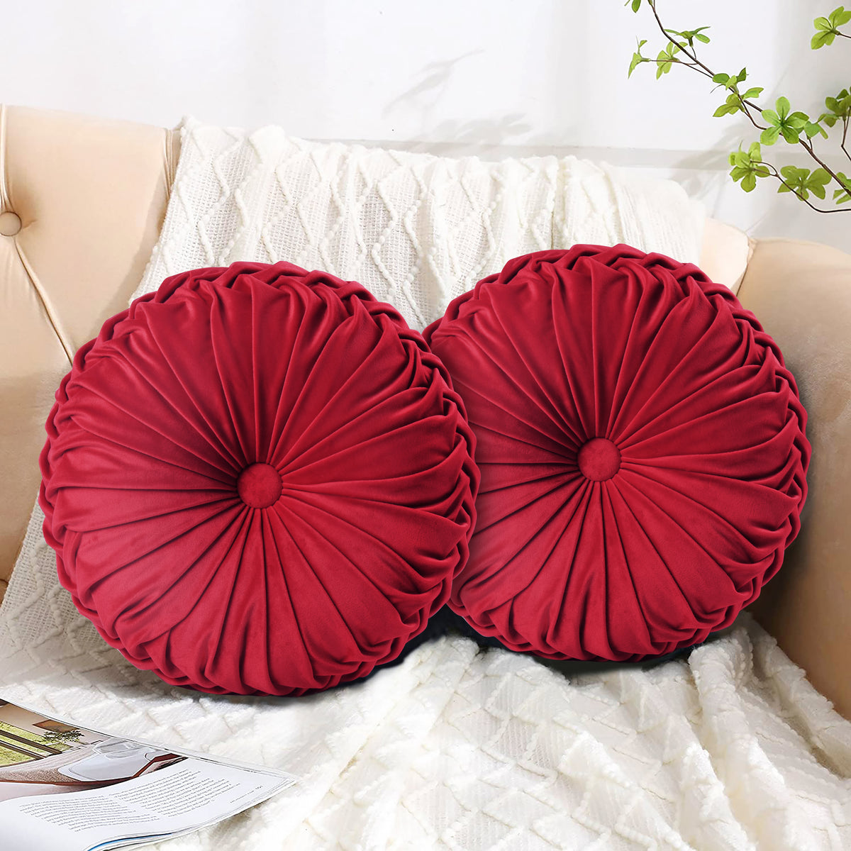HIG Set of 2 Pumpkin Pleated Round Throw Pillows, Soft Velvet, 14.5" Diameter