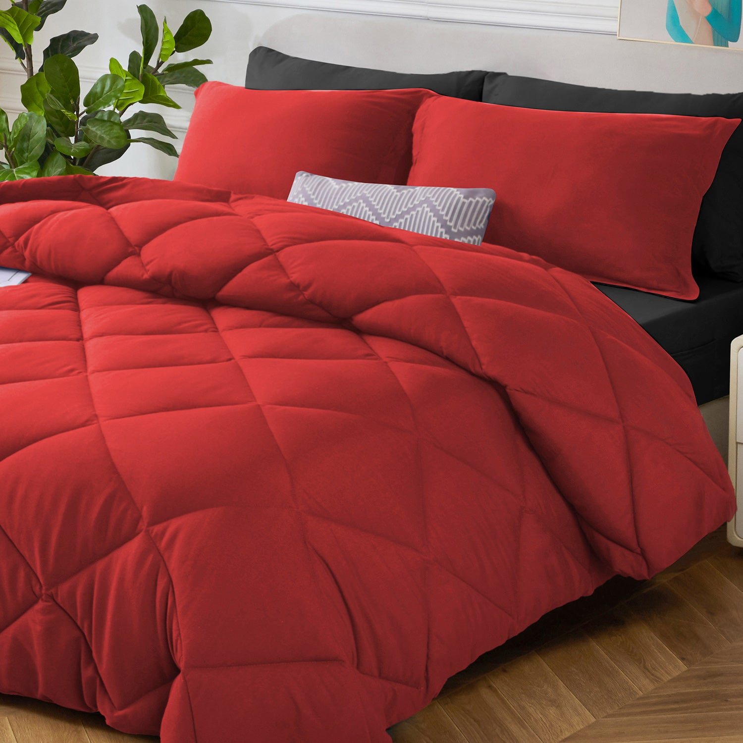 HIG 7 Piece Reversible Queen Comforter Set - Red Quilted Down Alternative Bedding All Season Super Soft Microfiber Bed in a Bag Includes Sheets Pillowcases Shams