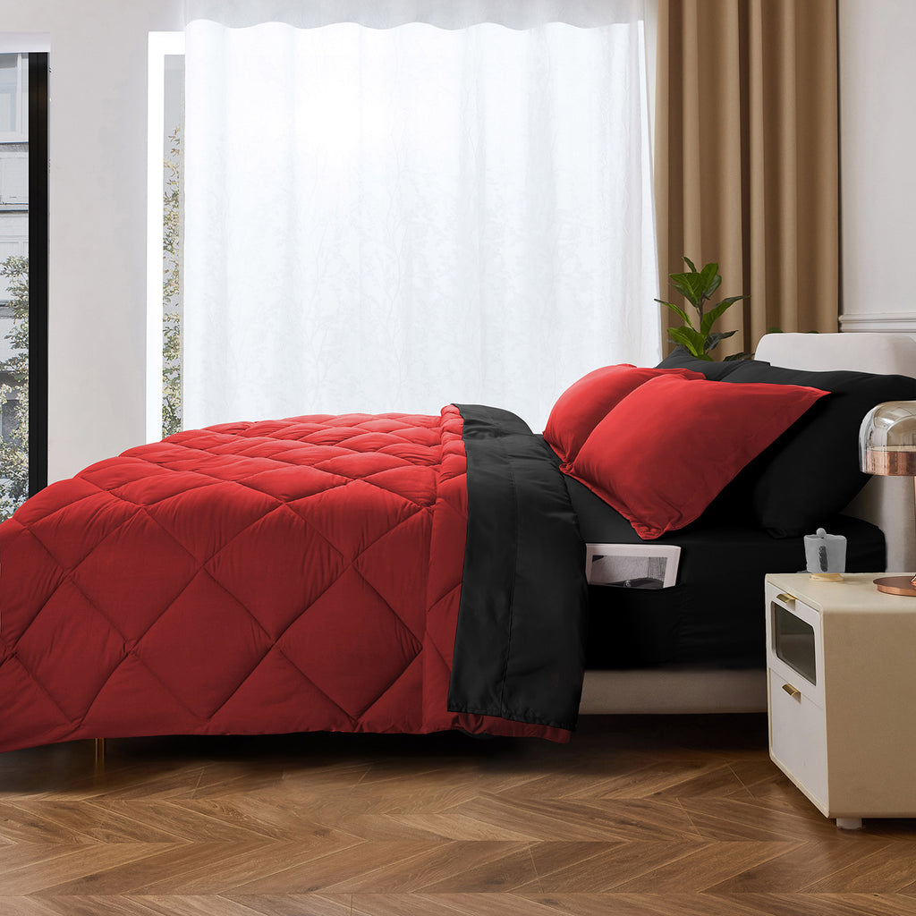 HIG 7 Piece Reversible Queen Comforter Set - Red Quilted Down Alternative Bedding All Season Super Soft Microfiber Bed in a Bag Includes Sheets Pillowcases Shams