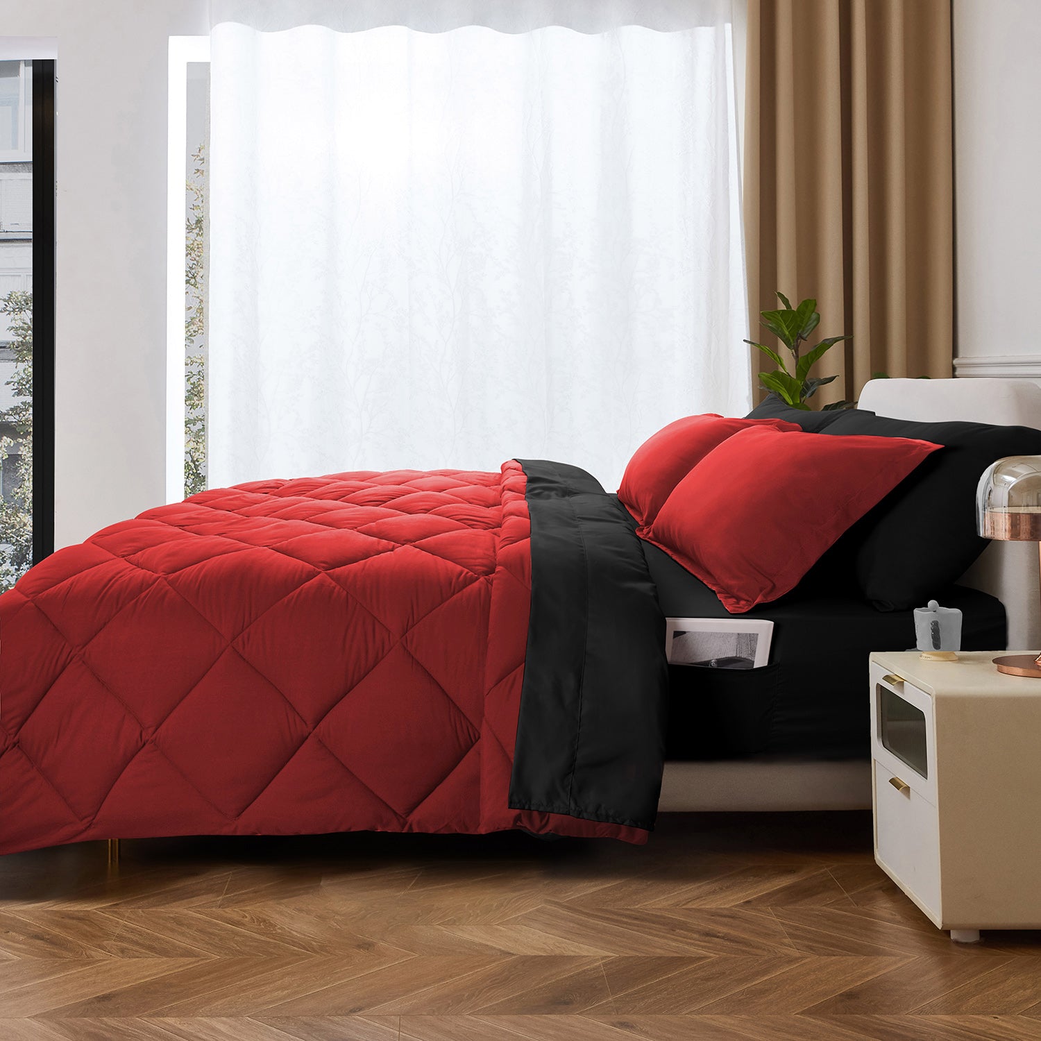 HIG 7 Piece Reversible Queen Comforter Set - Red Quilted Down Alternative Bedding All Season Super Soft Microfiber Bed in a Bag Includes Sheets Pillowcases Shams