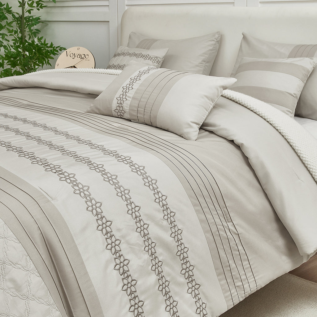 HIG 7 Piece Embroidery Gray Bed in a Bag, Modern and Stylish Comforter Set, Queen for Adults