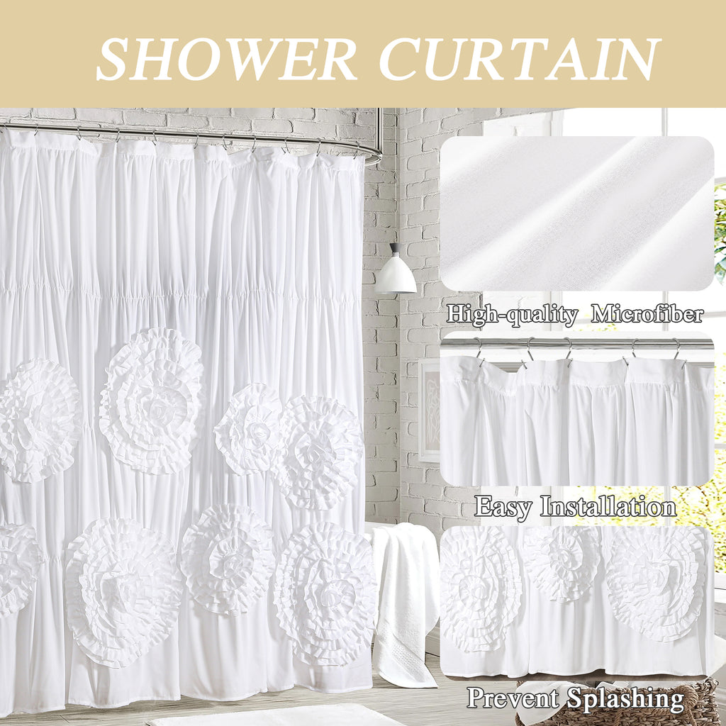 HIG Boho Ruffled Shower Curtain - Oversized Floral Print, Heavy Fabric with Elegant Draping for Bathroom, 72"x72",