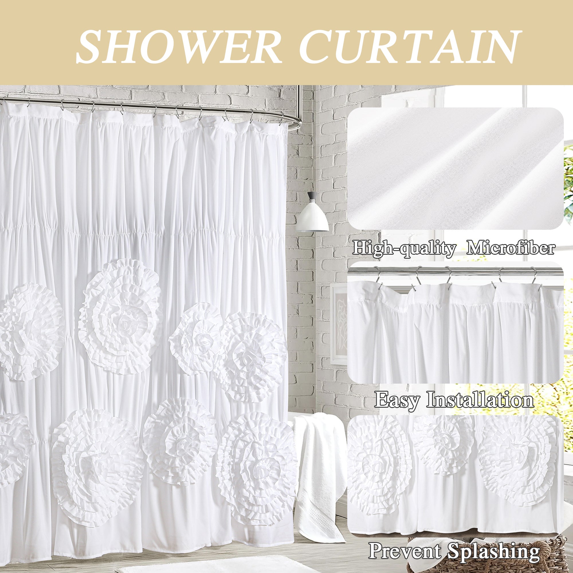HIG Boho Ruffled Shower Curtain - Oversized Floral Print, Heavy Fabric with Elegant Draping for Bathroom, 72"x72",