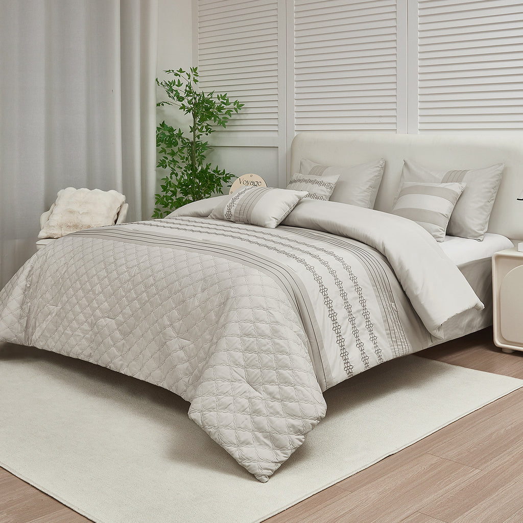 HIG 7 Piece Embroidery Gray Bed in a Bag, Modern and Stylish Comforter Set, Queen for Adults