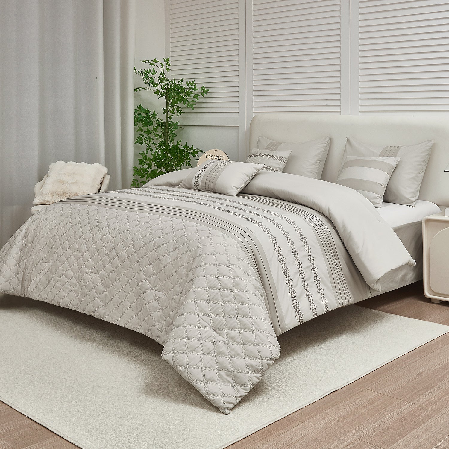HIG 7 Piece Embroidery Gray Bed in a Bag, Modern and Stylish Comforter Set, Queen for Adults