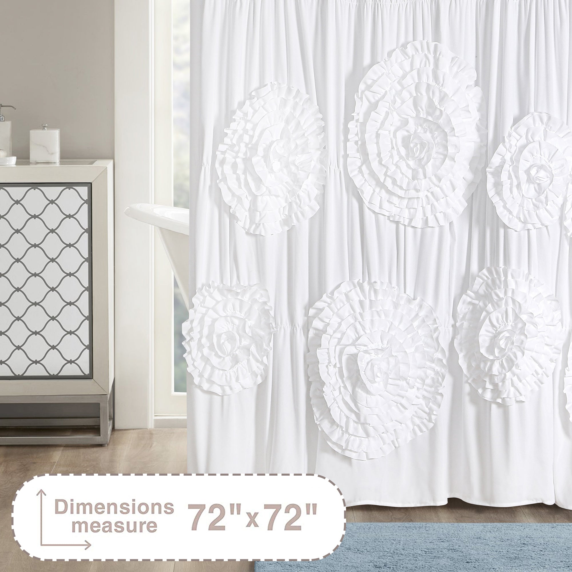 HIG Boho Ruffled Shower Curtain - Oversized Floral Print, Heavy Fabric with Elegant Draping for Bathroom, 72"x72",