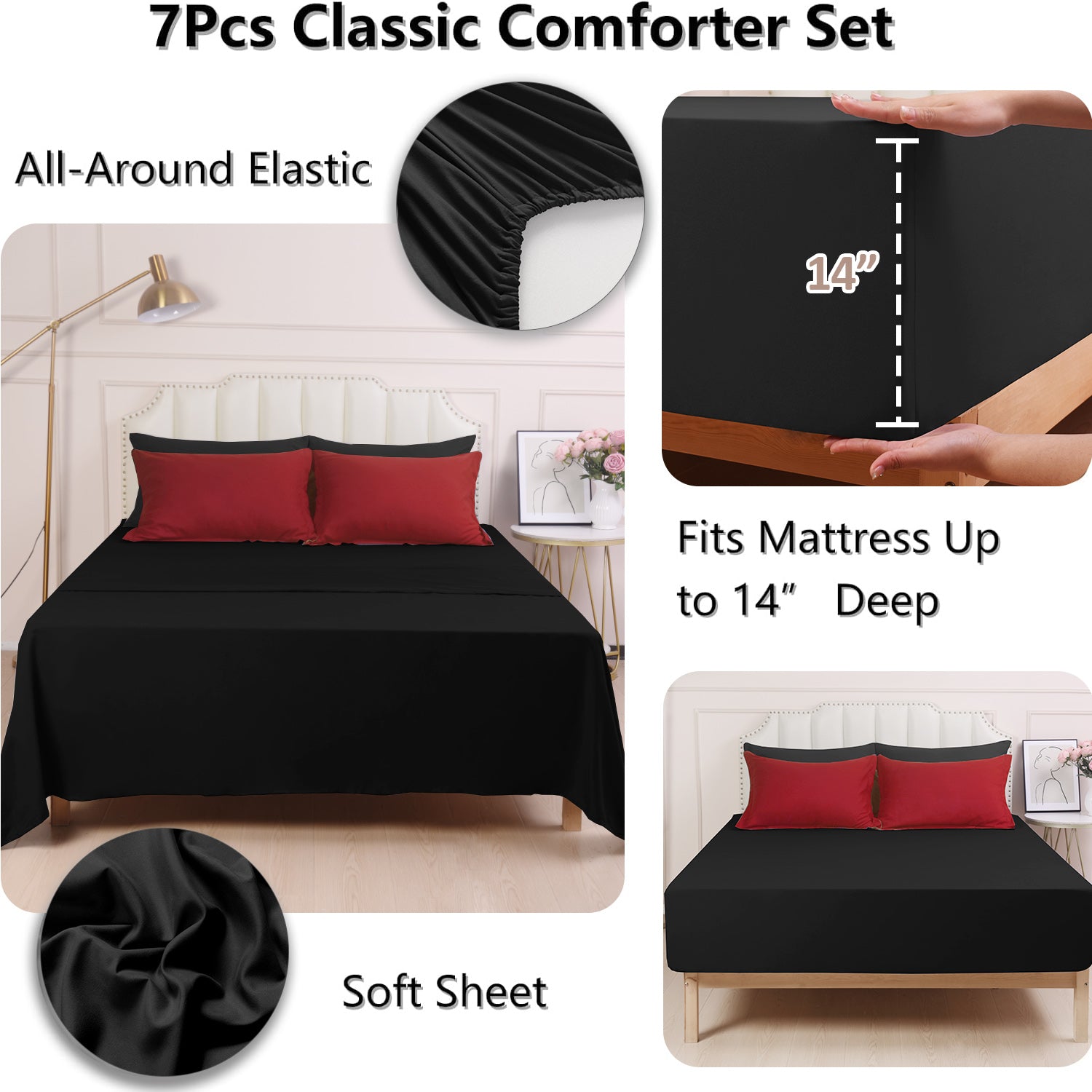 HIG 7 Piece Reversible Queen Comforter Set - Red Quilted Down Alternative Bedding All Season Super Soft Microfiber Bed in a Bag Includes Sheets Pillowcases Shams
