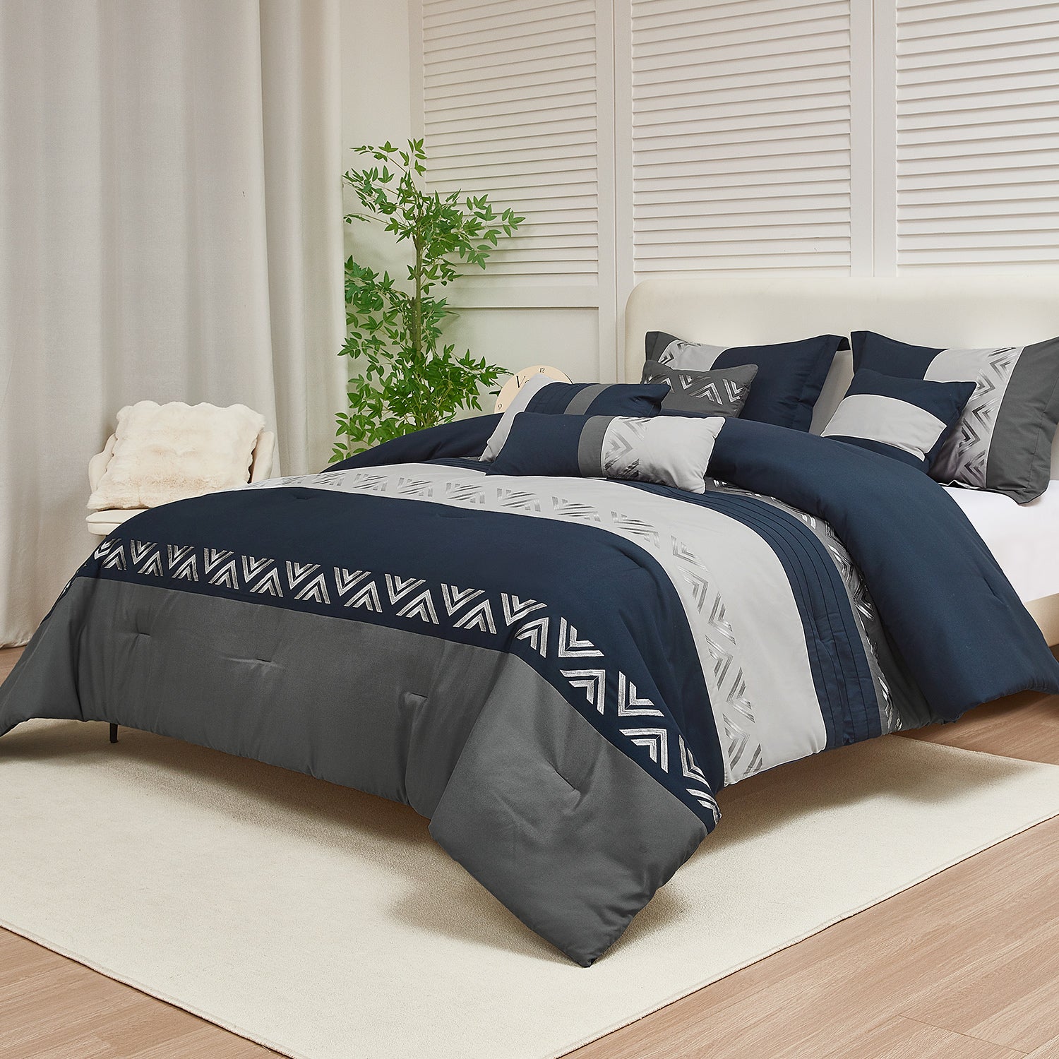 HIG 7 Piece Embroidery Design Bed-in-a-Bag, Taupe Queen Size Ultra Soft Comforter Set for Adults