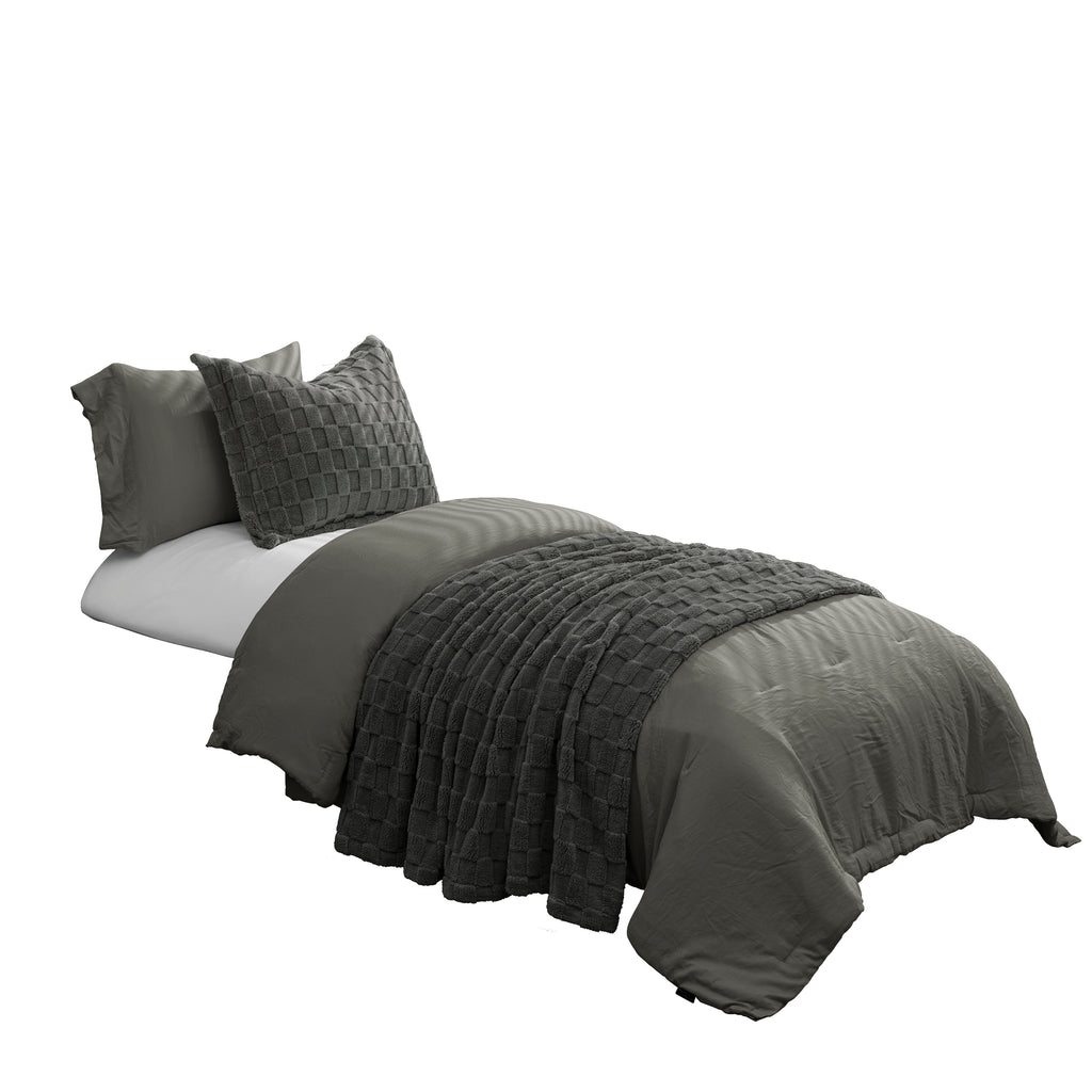 HIG 2-in-1 Comforter Set with Detachable Fluffy Blanket & Duvet Insert - Prewashed 6PC Dark Gray Bedding Set for All Season, Includes 2 Pillow Shams & 2 Pillowcases,
