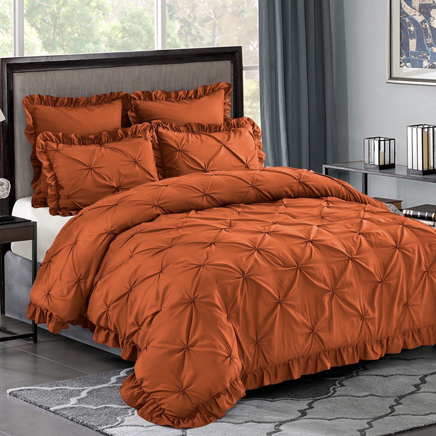 HIG Terracotta 5 Piece Bed in a Bag – Ruffled Comforter Set with French Country, King for Adults